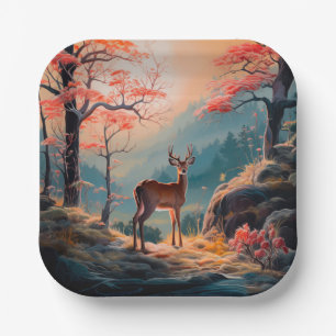 Enchanting Autumn Deer Forest Scene Design Paper Plates
