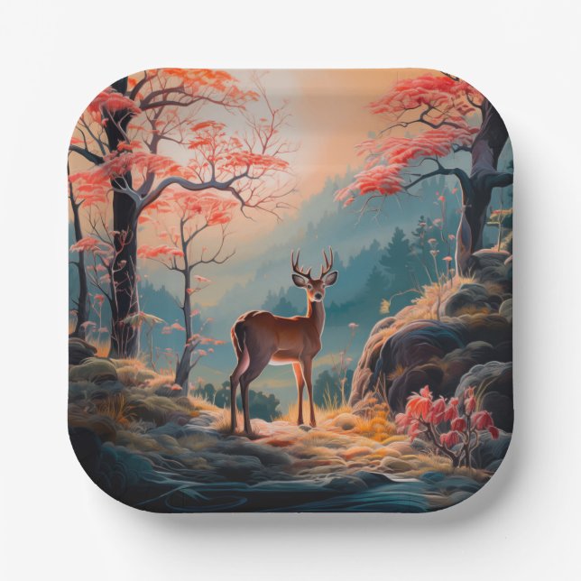 Enchanting Autumn Deer Forest Scene Design Paper Plates (Front)