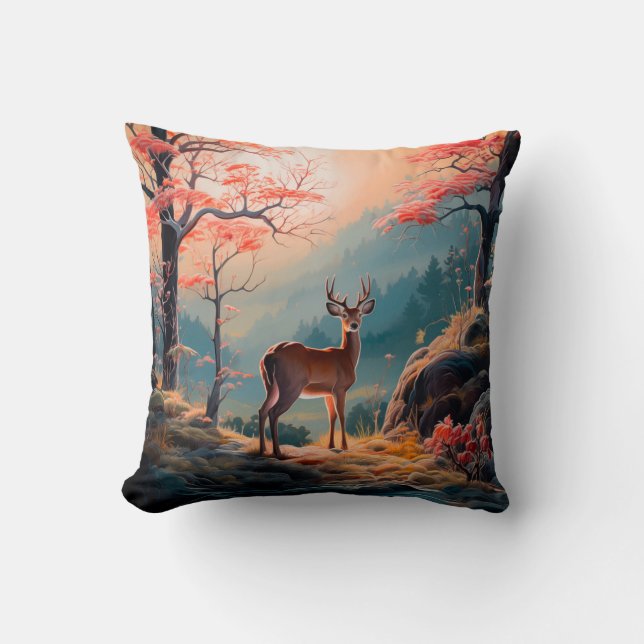 Enchanting Autumn Deer Forest Scene Design Throw Pillow (Front)