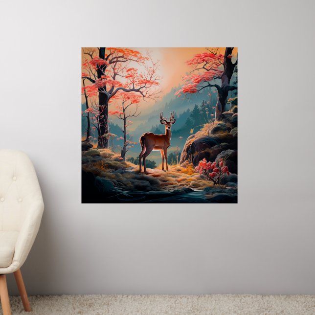 Enchanting Autumn Deer Forest Scene Design Wall Decal (Living Room 2)