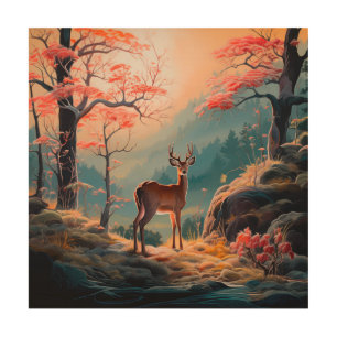 Enchanting Autumn Deer Forest Scene Design Wood Wall Art