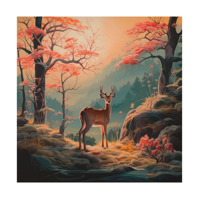 Enchanting Autumn Deer Forest Scene Design Wood Wall Art (Front)