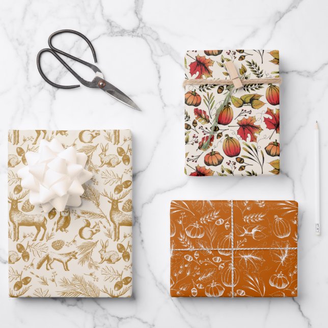 Enchanting Autumn Harvest & Winter Forest Animals Wrapping Paper Sheets (Front)