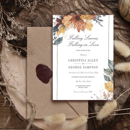 Enchanting Autumn Love Falling Leaves Wedding Invitation