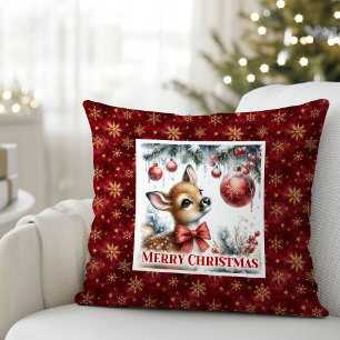 Enchanting baby fawn snowy forest scene Christmas Throw Pillow
