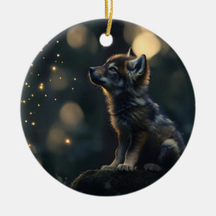 Enchanting Baby Wolf Watching Fireflies Ceramic Ornament