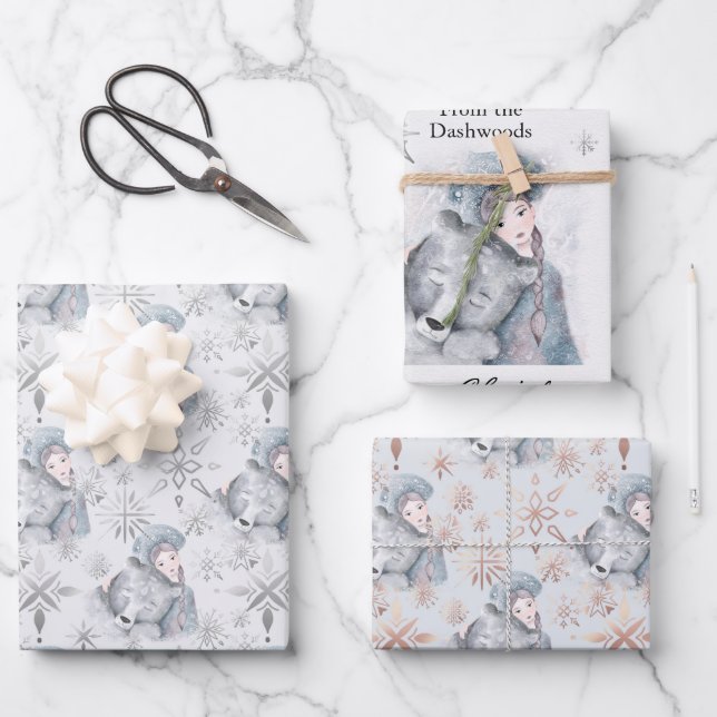 Enchanting Bear & girl personalized festive Wrapping Paper Sheets (Front)
