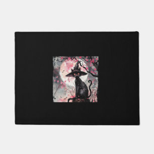 Enchanting Black Cat and Witch Hat Halloween Art Doormat