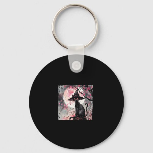 Enchanting Black Cat and Witch Hat Halloween Art  Keychain