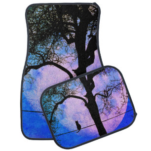 Enchanting Black Cat on a Wire Full Moon Car Floor Mat
