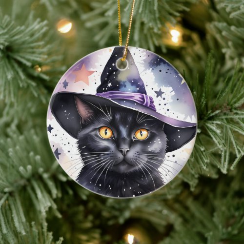 Enchanting Black Cat Witch Round Ceramic Ornament