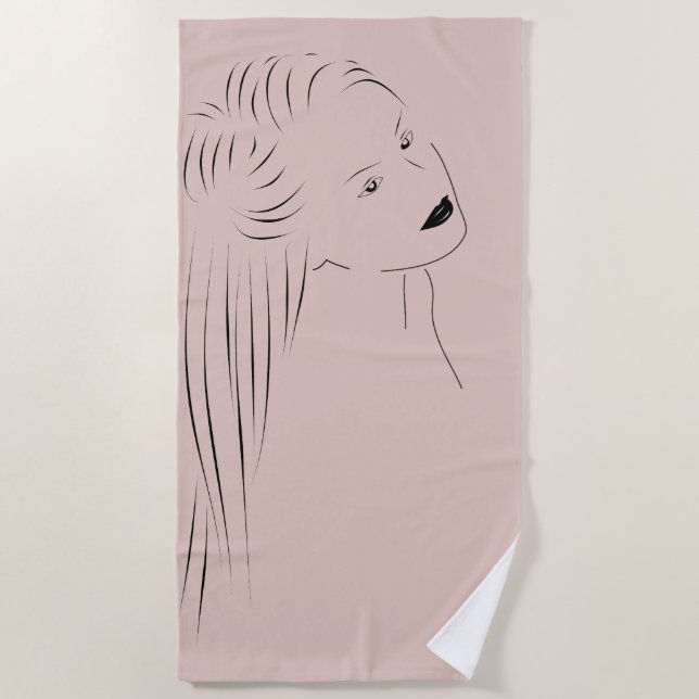 Enchanting Black Line Art Female Visual Beach Towel (Front)
