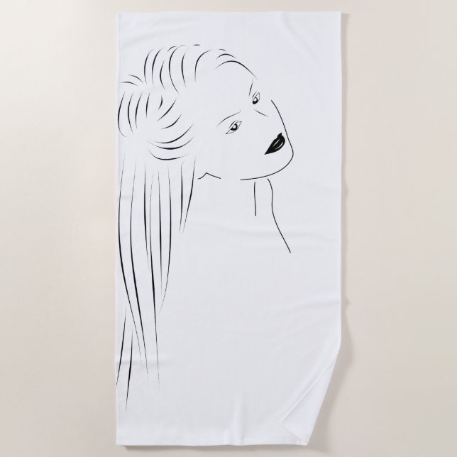Enchanting Black Line Art Female Visual Beach Towel (Front)