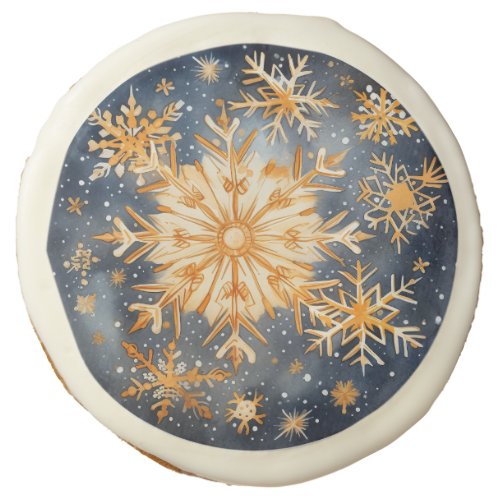 Enchanting Blue and Gold Snowflakes Sugar Cookie