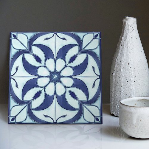 Enchanting Blue and White Symmetrical Floral Ceramic Tile
