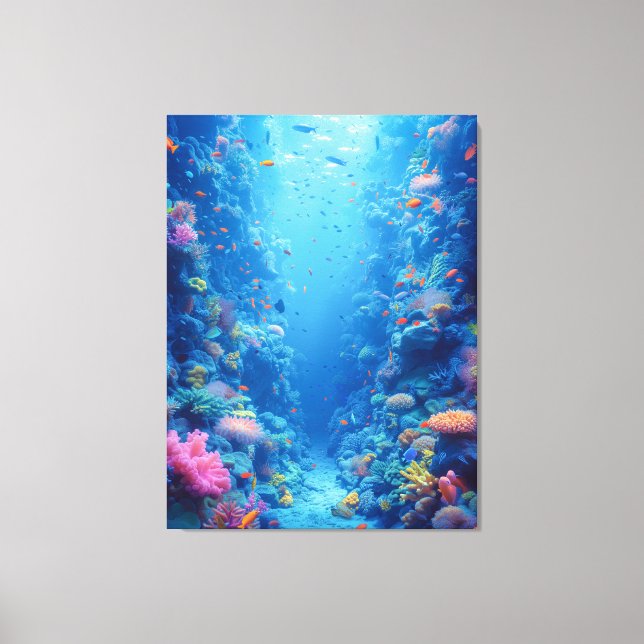 Enchanting Blue Depths and Coral Hues Canvas Print (Front)