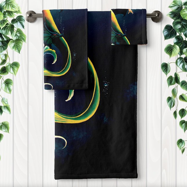 Enchanting Blue Fantasy Mermaid Dragon Bath Towel Set (Creator Uploaded)