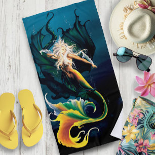 Enchanting Blue Fantasy Mermaid Dragon Beach Towel