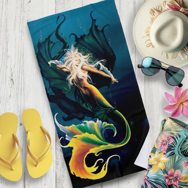 Enchanting Blue Fantasy Mermaid Dragon Beach Towel (Creator Uploaded)