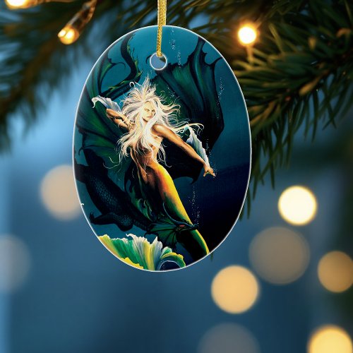 Enchanting Blue Fantasy Mermaid Dragon Ceramic Ornament
