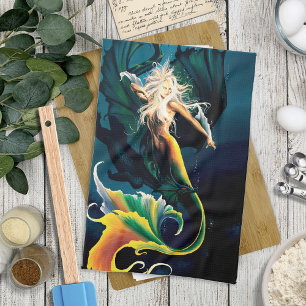 Enchanting Blue Fantasy Mermaid Dragon Kitchen Towel