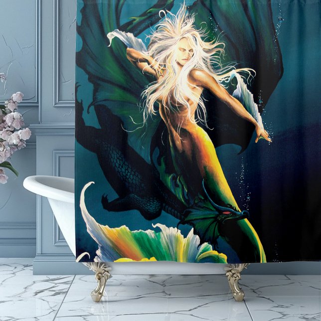 Enchanting  Blue Fantasy Mermaid Dragon Shower Curtain (Creator Uploaded)
