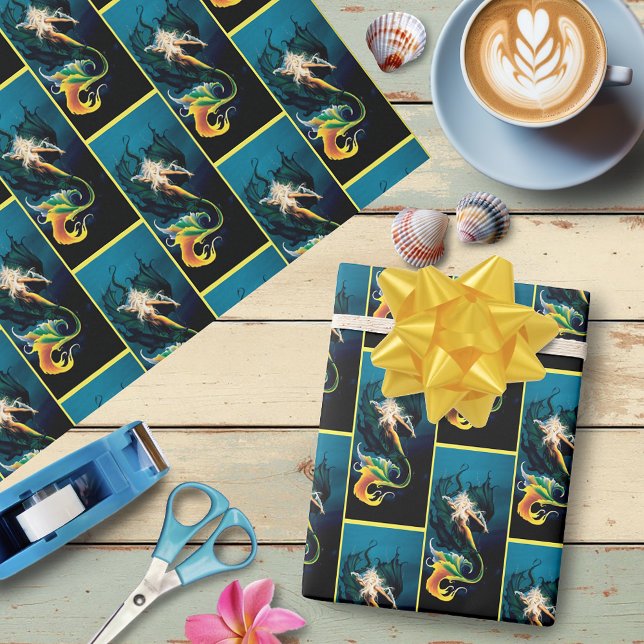 Enchanting Blue Fantasy Mermaid Dragon Wrapping Paper (Creator Uploaded)
