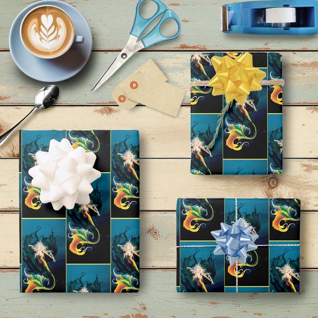 Enchanting Blue Fantasy Mermaid Dragon Wrapping Paper Sheets (Creator Uploaded)