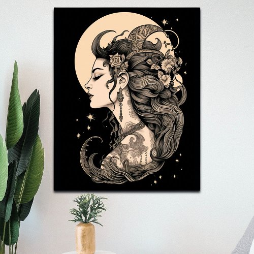 Enchanting Boho Moon Goddess on black background  Poster