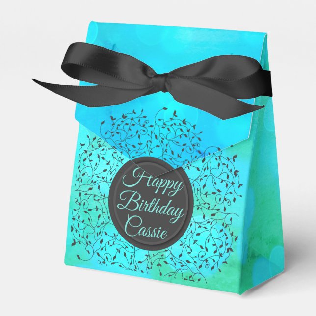 Enchanting Botanical Teal Blue Personalized Favor Boxes (Front Side)