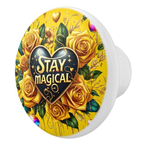 Enchanting Bouquet of Golden Roses And Heart  Ceramic Knob