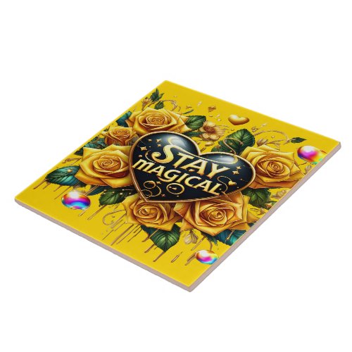 Enchanting Bouquet of Golden Roses And Heart  Ceramic Tile