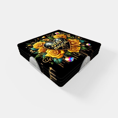 Enchanting Bouquet of Golden Roses And Heart  Coaster Set