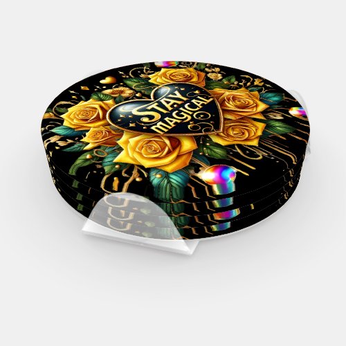 Enchanting Bouquet of Golden Roses And Heart  Coaster Set