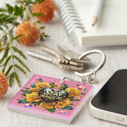 Enchanting Bouquet of Golden Roses And Heart  Keychain