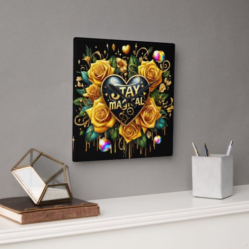 Enchanting Bouquet of Golden Roses And Heart  Square Wall Clock