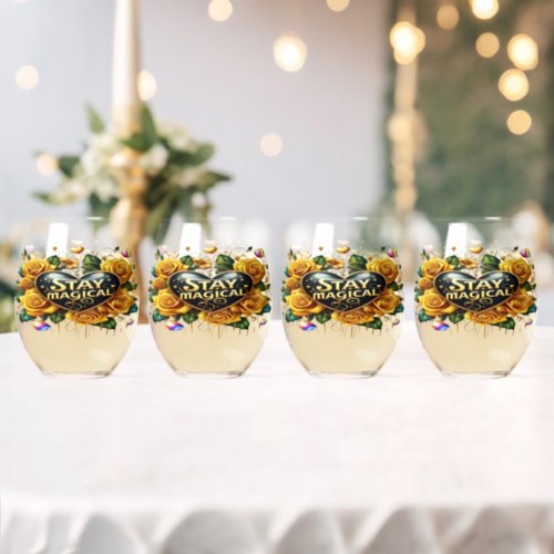 Enchanting Bouquet of Golden Roses And Heart  Stemless Wine Glass