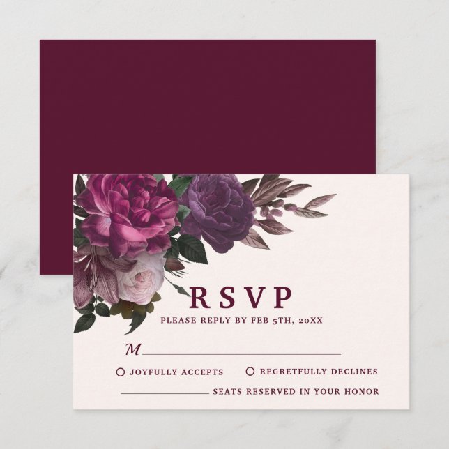 Enchanting Burgundy & Maroon Floral Winter Wedding RSVP Card (Front/Back)