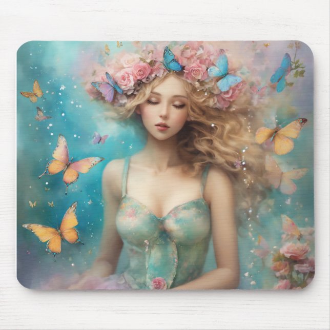 Enchanting Butterfly Girl | Magical Fantasy Artwor Mouse Pad (Front)