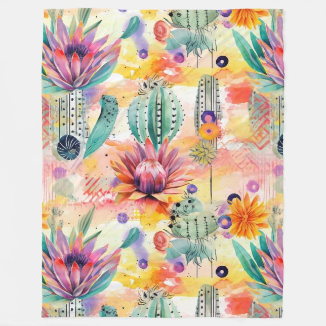Enchanting Cacti Garden in Vibrant Colors Fleece Blanket (Front)