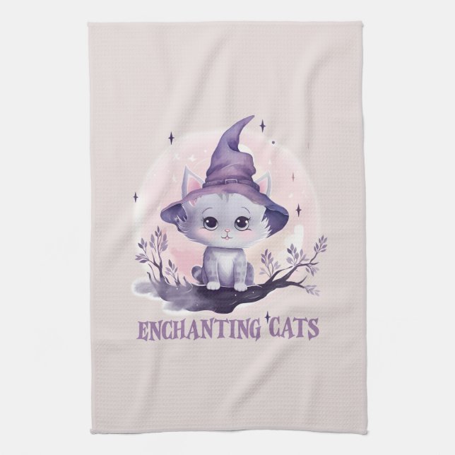 Enchanting Cat – Cute Pastel Purple Witch Cat Kitchen Towel (Vertical)