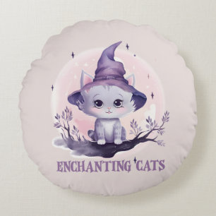 Enchanting Cat – Cute Pastel Purple Witch Cat Round Pillow