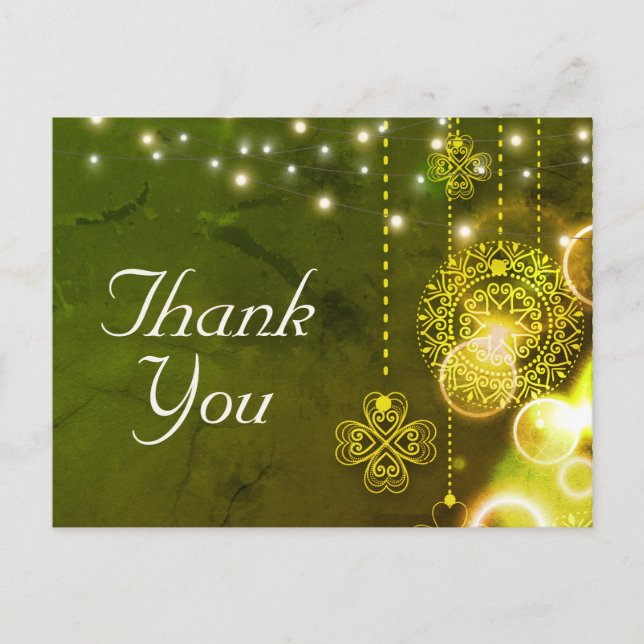 Enchanting Celtic Clovers and Lights Thank You Postcard (Front)