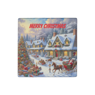 Enchanting Christmas Village Scene Stone Magnet
