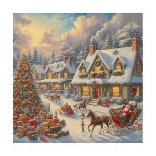 Enchanting Christmas Village Scene Wood Wall Art