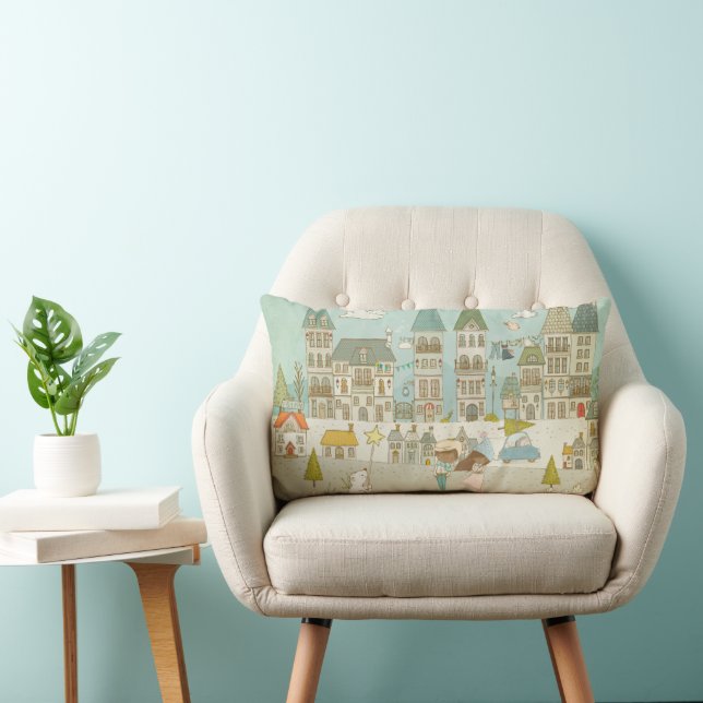 Enchanting City Scene/Characters and Houses Lumbar Pillow (Chair)