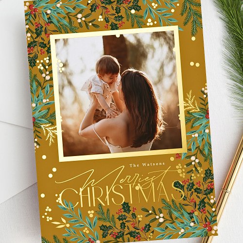 Enchanting Classic Botanical Christmas Photo Gold Foil Holiday Card