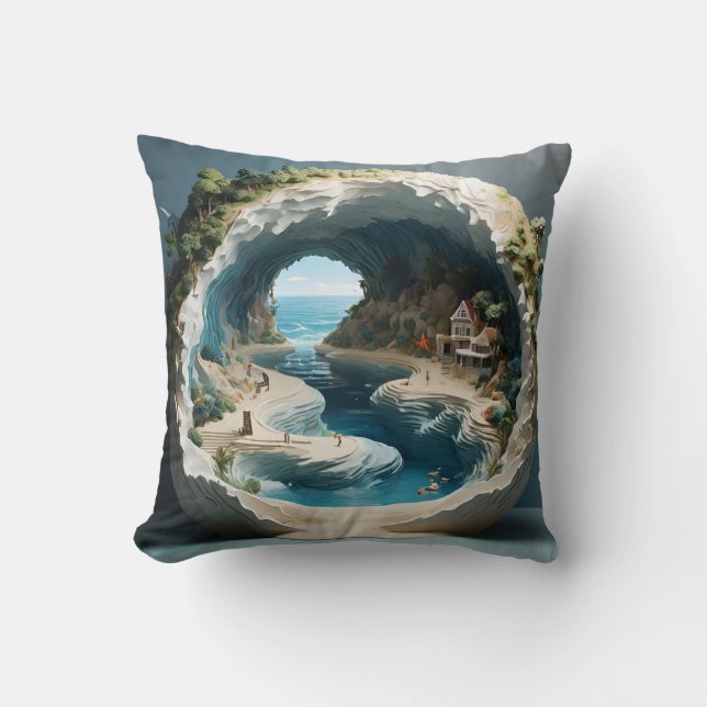 Enchanting Coastal Cove: A Captivating 3D  Throw Pillow (Front)