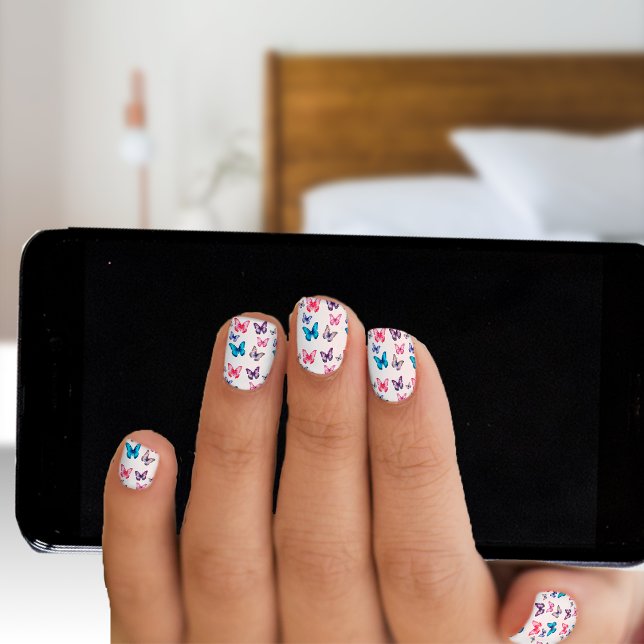Enchanting Colorful Butterflies on White Minx Nail Art (Creator Uploaded)