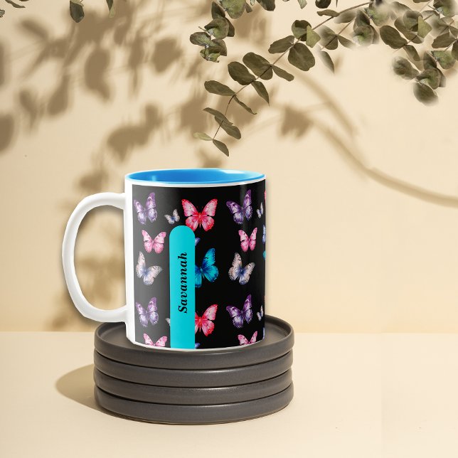 Enchanting Colorful Butterflies Personalize Name  Two-Tone Coffee Mug (Creator Uploaded)